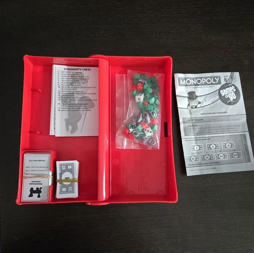 Travel Monopoly Game, Mini Game & Pieces English & Spanish Cards, Like New Cond